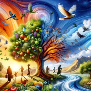 Visual Representation of Life: Tree, Bird, River, People
