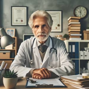 Experienced Elderly Male Doctor Desk Scene