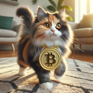 Fluffy Domestic Cat with Bitcoin Medal | Mischievous Bitcoin Cat
