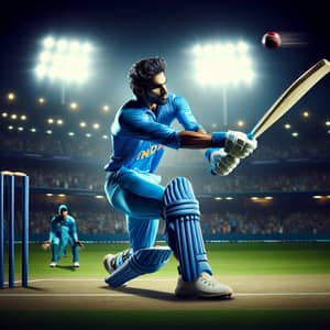 Helicopter Shot - Electrifying Cricket Player in Blue Uniform