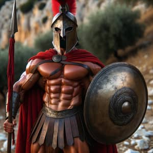 Bronze Age Spartan Warrior in Hoplite Armor with Red Cape