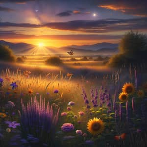 Tranquil Meadow at Sunset with Lavender, Sunflowers, and Monarch Butterfly