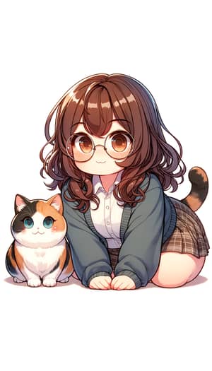 Chubby Anime Brunette with Wavy Hair & Big Glasses