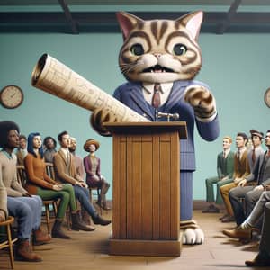Quirky Retro Scene with Anthropomorphic Cat Delivering AI Speech