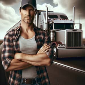 Professional Caucasian Truck Driver Portrait | Long-Haul Trucking Image
