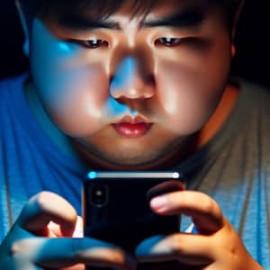 Intense East Asian Man Playing Battle Royale Game on Mobile Phone