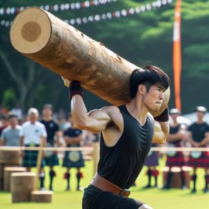 Asian Man Caber Tossing in Scottish Athletic Event