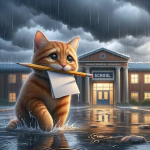 Resilient Cat Heading to School in Rainy Weather