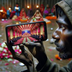 South Asian Beggar Captivated by Opulent Wedding on Mobile