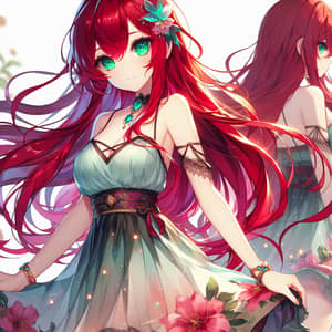 Beautiful Anime Girl with Emerald Eyes and Red Hair in Two-Piece Bikini