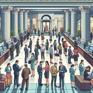 Traditional Bank Scene Illustration with Diverse Patrons
