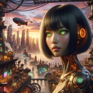 Green-Eyed Silk-Haired Girl in Cyberpunk Steampunk World