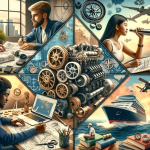 Marine Engineering Student Collage: Diverse Students & Nautical Symbols