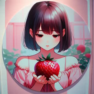 Anime Style Girl in Pink Dress Holding Ripe Strawberry