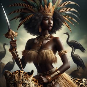 African Princess in Grass Bikini Riding Leopard with Ostrich Feather Crown