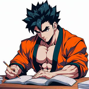 Muscular Anime Character Studying at Desk