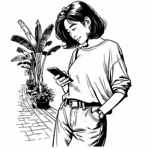 Middle-Aged Asian Female Using Mobile Phone - Line Drawing