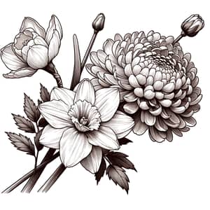 Exquisite Line Art Bouquet Illustration with Daffodil, Chrysanthemum, and Rose