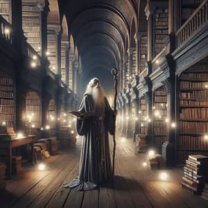 Elderly Wizard in Ancient Library | Mystical Scene with Books