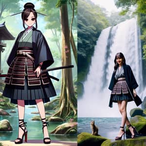South Asian Samurai Girl Stands by Waterfall - Elegance & Strength