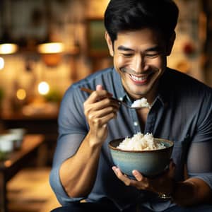 Mid-Thirties South Asian Man Enjoying Rice | Cozy Kitchen Vibes