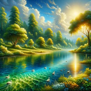 Vibrant Nature Oil Painting: Tranquil Landscape with Trees, Water, and Ducks