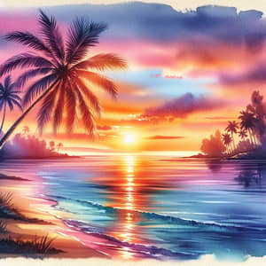 Tropical Sunset Watercolor Painting | Calm Sea & Palm Trees