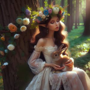Light Brown Elven Girl with Flower Crown in Tree with Bunny
