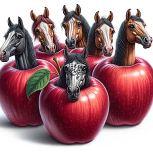 Whimsical Illustration of Shiny Red Apples with Tiny Horses