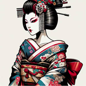 Colorful Geisha Illustration in Traditional Attire | Japanese Kimono