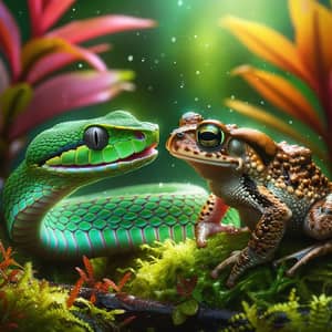 Green Viper and Toad in Friendly Rainforest Interaction