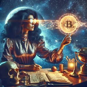 Futuristic South-Asian Astrologer with Cryptocurrency Symbol