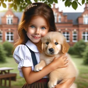 Small Girl with Golden Retriever Puppy at School