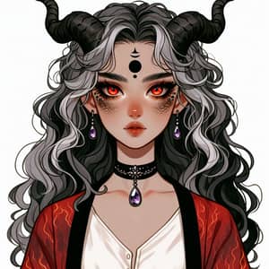 Caucasian Girl with Wavy Black Horns and Red Eyes