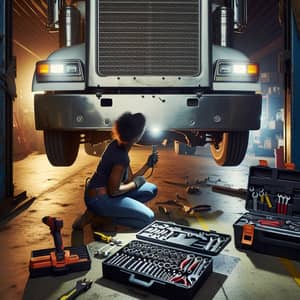 Semi-Truck Maintenance: Expert African American Mechanic Underneath