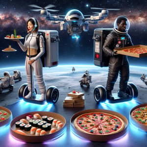 Futuristic Space Food Delivery: Sushi & Pizza in Zero Gravity