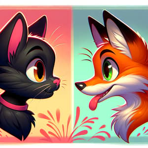 Playful Cartoon Scene with Black Kitten and Red Fox