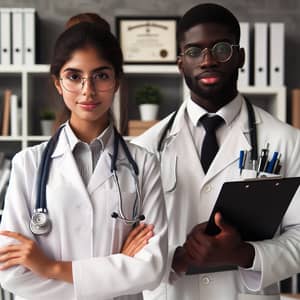 Professional Hispanic Female Doctor and Black Male Doctor in Well-Lit Office