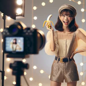 Trendy Japanese Woman with Banana in Glamorous Fashion Photoshoot