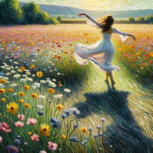 Graceful Dancer in Vibrant Wildflower Field - A Tribute to Van Gogh