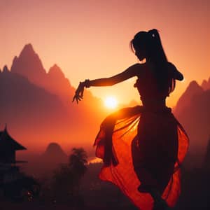 South Asian Girl Dancing at Sunset Amidst Mountains