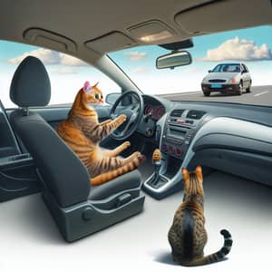 Surreal Scene: Cat Observing Another Feline Driving a Car