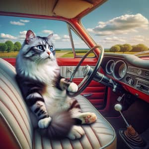 Playful Cat Driving Vintage Car | Unique Colors | Scenic Background