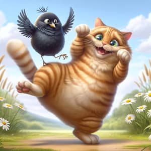 Joyful Orange Tabby Cat Dancing with a Bird in a Garden Scene