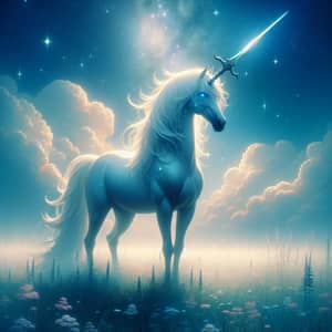 Mystical Unicorn in Dreamlike Meadow | Sword Horn Anime Art