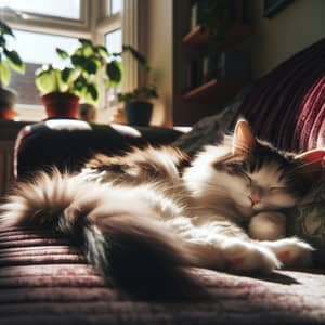Fluffy White Cat Relaxing on Burgundy Sofa | Cozy Home Scene