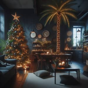 Dark Pre-New Year Apartment with Christmas Palm Tree