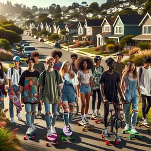Diverse Teenagers Skateboarding and Biking in Suburban Setting