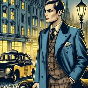 1930s Style Illustration: Gentleman in Blue Suit Waiting for Cab