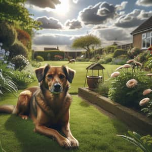 Calm Brown Dog in Lush Garden | Serene Landscape View